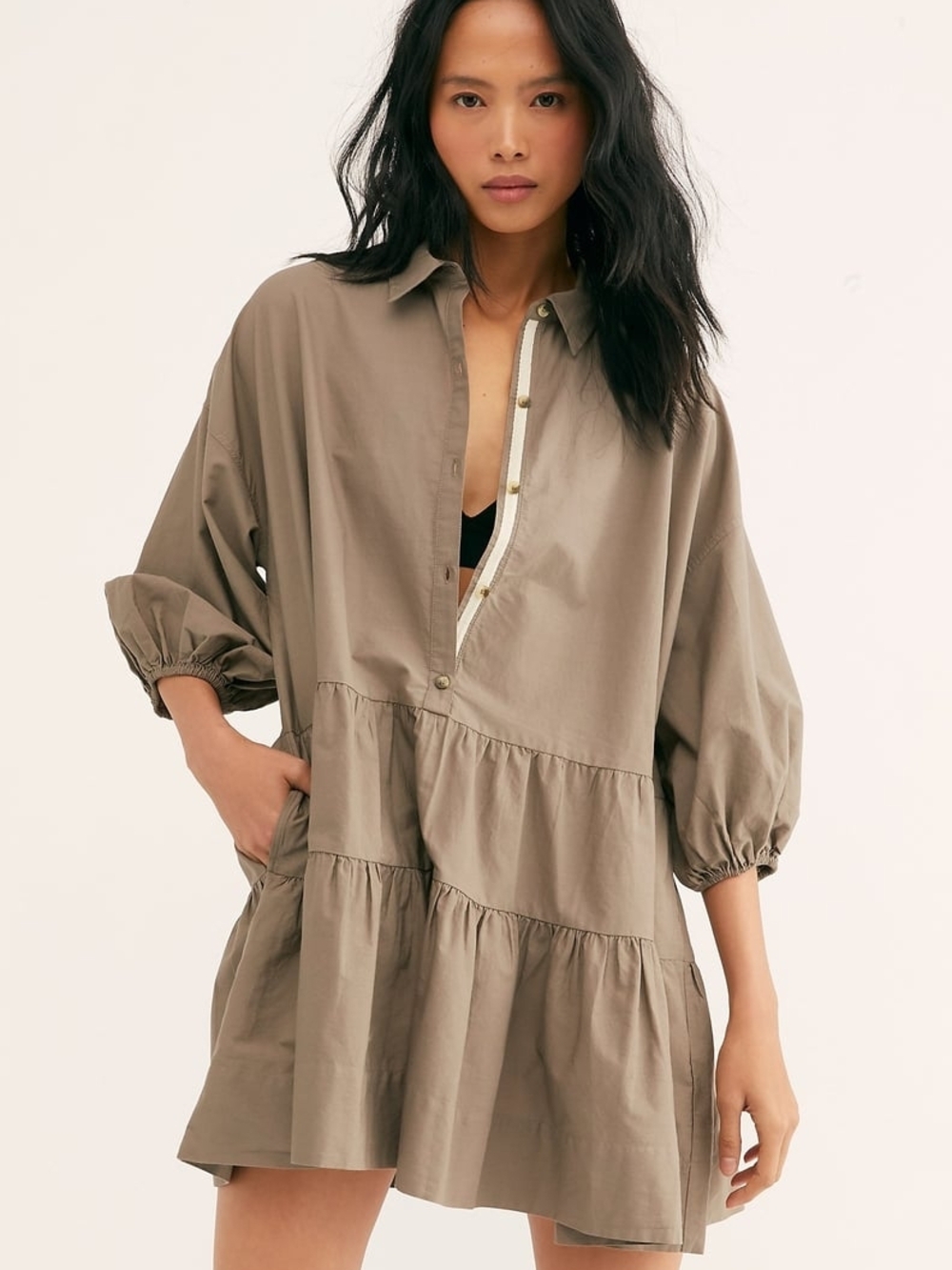 Free People Misha Tiered Mini Shirt Dress - Taupe